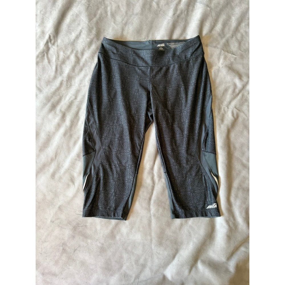 Avia Womens Gray Geometric Print Mesh Panel Capri Workout Leggings Size M